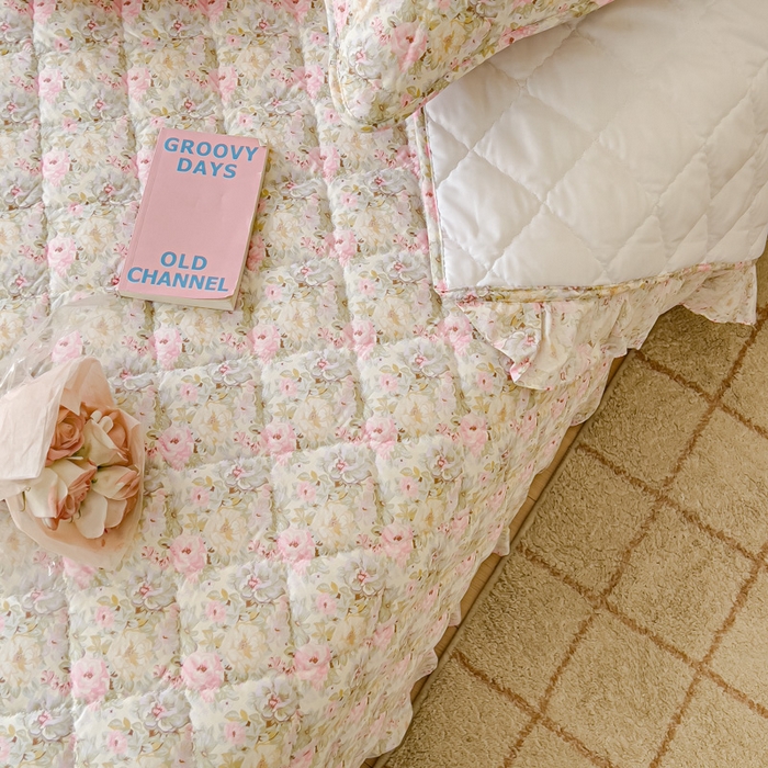 91家纺网 家纺一手货源 找家纺 U品汇 2025新品A类全棉夹棉床盖纯棉100%棉绗缝三件套炕垫褥子13372 G杏园暖秋-粉