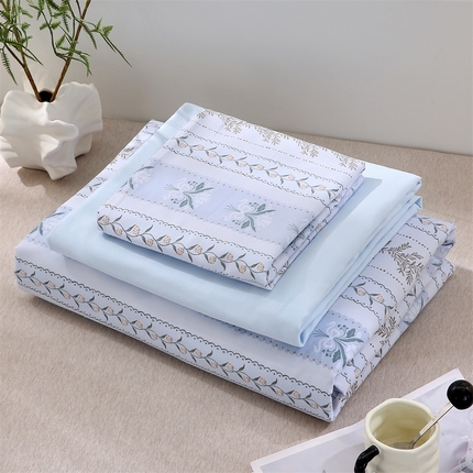 91家纺网 家纺一手货源 找家纺 织写 2025新款A类双层纱针织棉四件套床单四件套床单四件套小清新四件套 初享时光-蓝