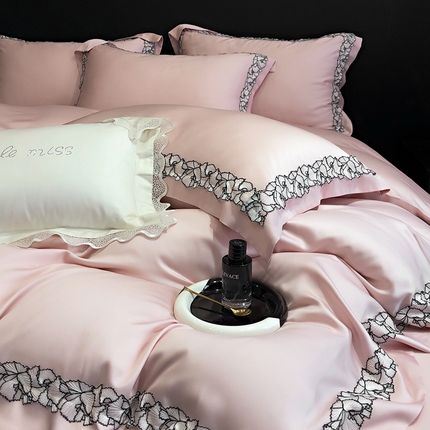 91家纺网 家纺一手货源 找家纺 时亿家居 2025新款60支天丝绣花四件套-梦怡系列 梦怡 粉