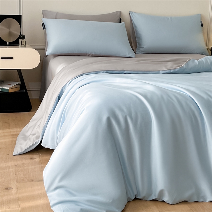 91家纺网 家纺一手货源 找家纺 笙意家纺 2025新款水洗真丝简约时尚四件套-简爱系列 简爱-天空蓝+山灰