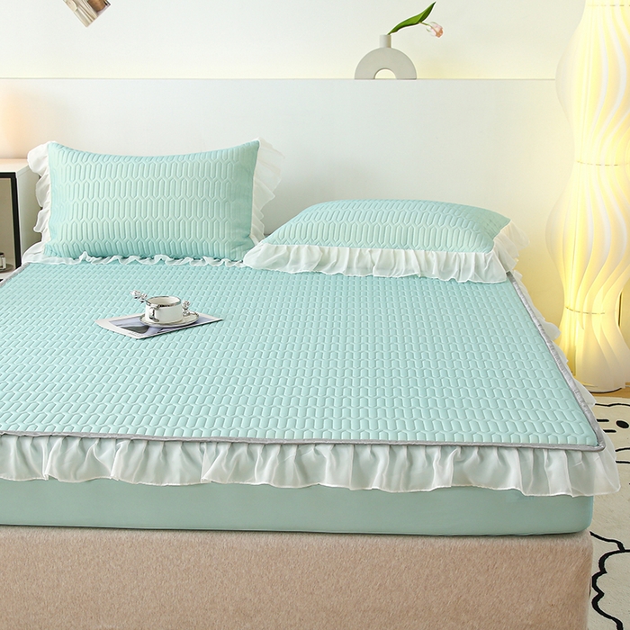 91家纺网 家纺一手货源 找家纺 伊人坊 2025新款A类凉感丝乳胶床笠凉席三件套-花边款 花边-薄荷绿