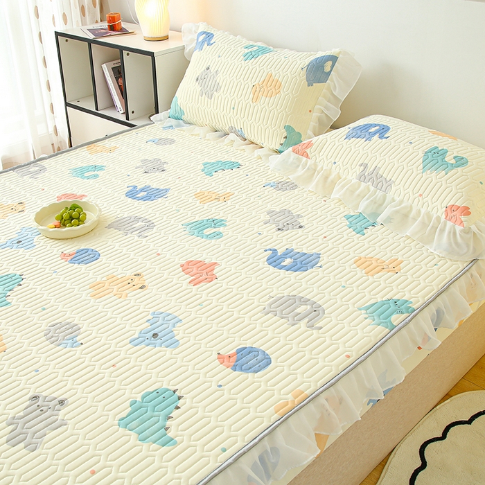 91家纺网 家纺一手货源 找家纺 伊人坊 2025新款A类凉感丝乳胶床笠凉席三件套-花边款 花边-动物园