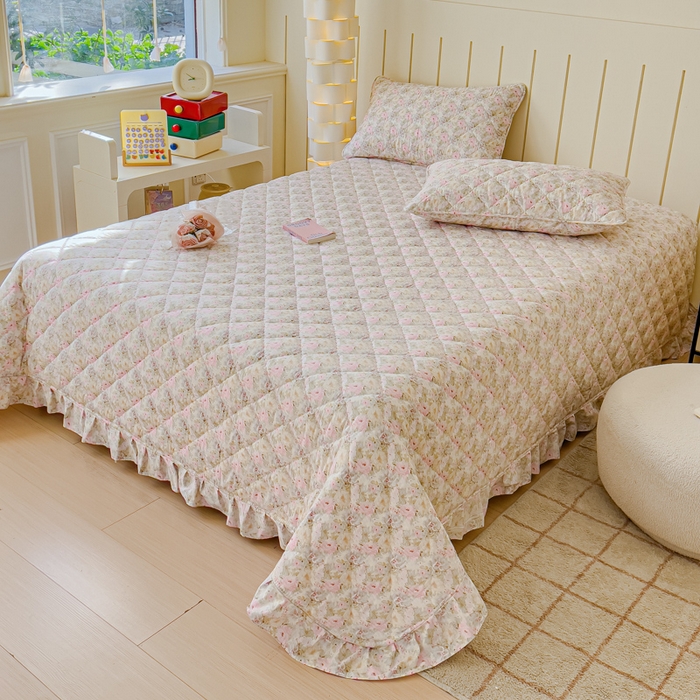 91家纺网 家纺一手货源 找家纺 U品汇 2025新品A类全棉夹棉床盖纯棉100%棉绗缝三件套炕垫褥子13372 G杏园暖秋-粉