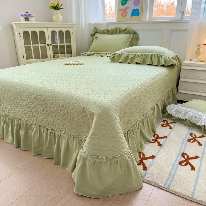 91家纺网 家纺一手货源 找家纺 淑女公社家纺 2025春夏新款全棉人字纹毛巾绣床盖款四件套-郁金香 郁金香 牛油果绿