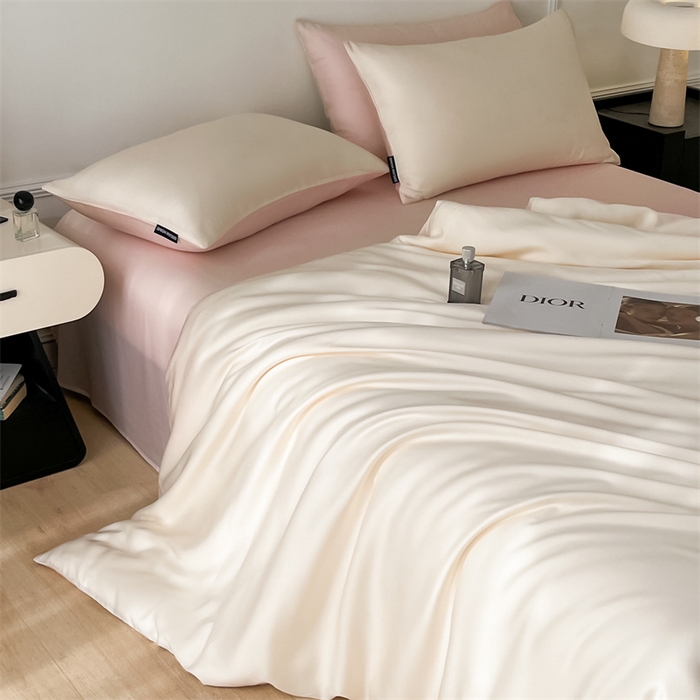 91家纺网 家纺一手货源 找家纺 笙意家纺 2025新款水洗真丝简约时尚四件套-简爱系列 简爱-奶昔白+奶油粉