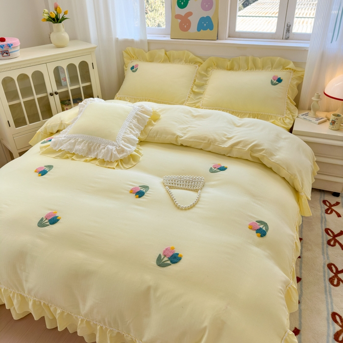 91家纺网 家纺一手货源 找家纺 淑女公社家纺 2025春夏新款全棉人字纹毛巾绣床盖款四件套-郁金香 郁金香 嫩黄