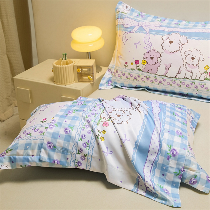 91家纺网 家纺一手货源 找家纺 笙意家纺 2025新款水洗真丝数码印花卡通枕套 小狗乐园