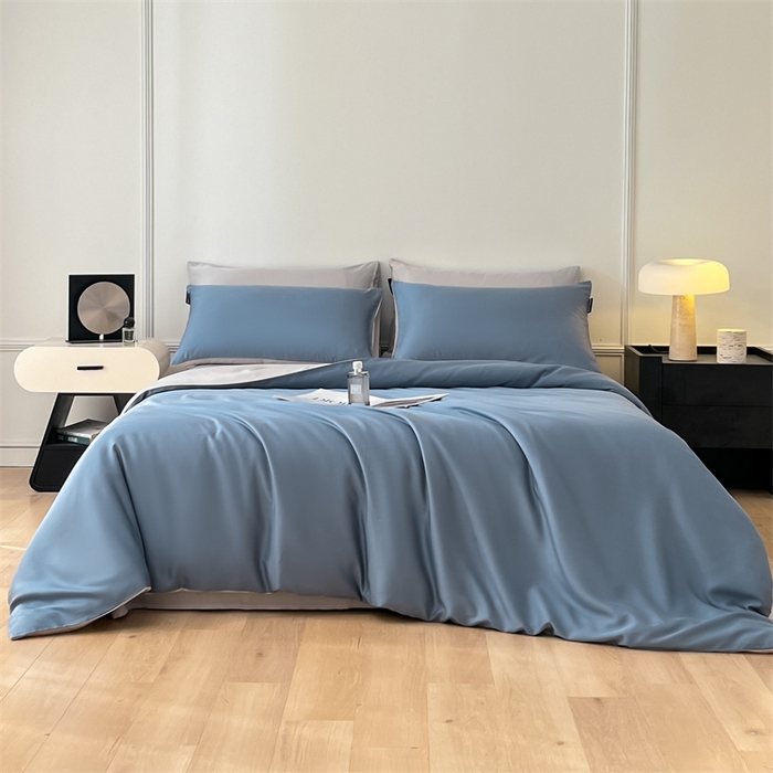 91家纺网 家纺一手货源 找家纺 笙意家纺 2025新款水洗真丝简约时尚四件套-简爱系列 简爱-宾利蓝+山灰