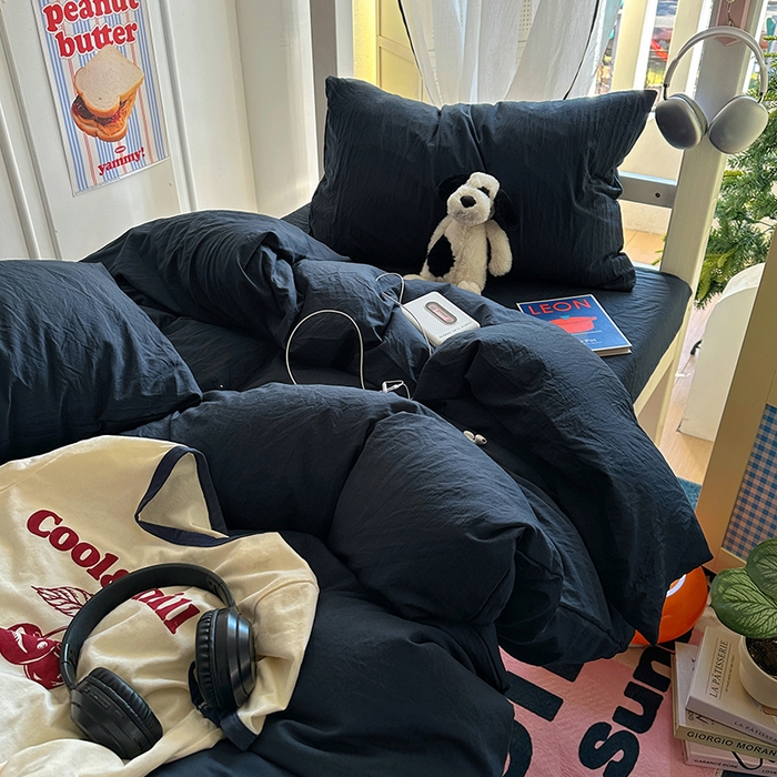 91家纺网 家纺一手货源 找家纺 阿曼达 2025新款纯色水洗m学生床单人四件套 纯色-藏青