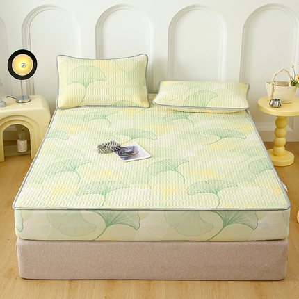 91家纺网 家纺一手货源 找家纺 伊人坊 2025新款A类凉感丝乳胶床笠凉席三件套 银杏叶