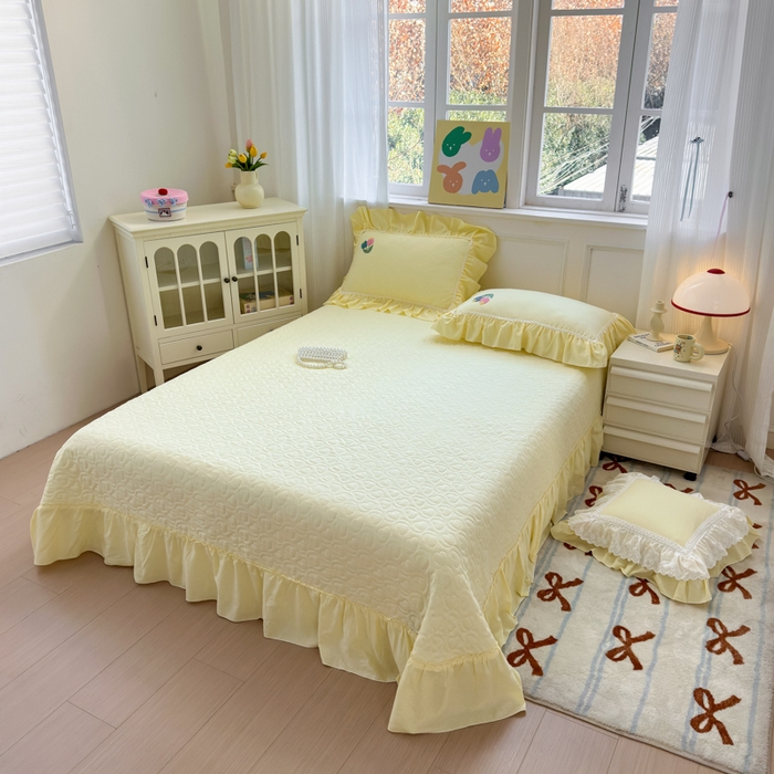 91家纺网 家纺一手货源 找家纺 淑女公社家纺 2025春夏新款全棉人字纹毛巾绣床盖款四件套-郁金香 郁金香 嫩黄