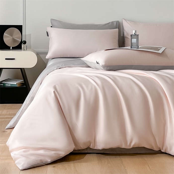 91家纺网 家纺一手货源 找家纺 笙意家纺 2025新款水洗真丝简约时尚四件套-简爱系列 简爱-奶油粉+山灰