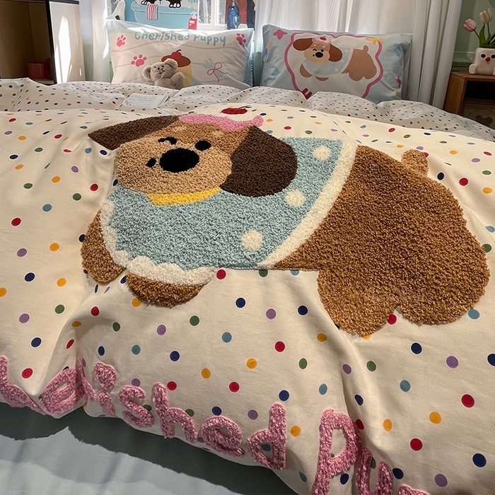 91家纺网 家纺一手货源 找家纺 蓝邻2025年新款全棉纯棉40s毛巾绣四件套 萌宠派对