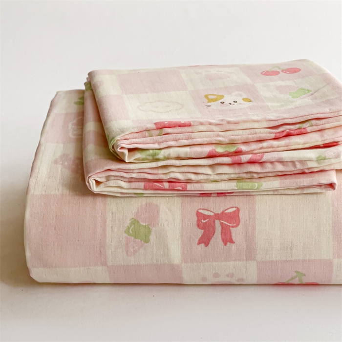 91家纺网 家纺一手货源 找家纺 名兮-2025新款全棉双层纱床单 双层纱-格子喵