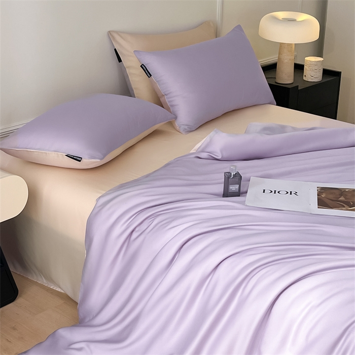 91家纺网 家纺一手货源 找家纺 笙意家纺 2025新款水洗真丝简约时尚四件套-简爱系列 简爱-星黛紫+梧桐杏