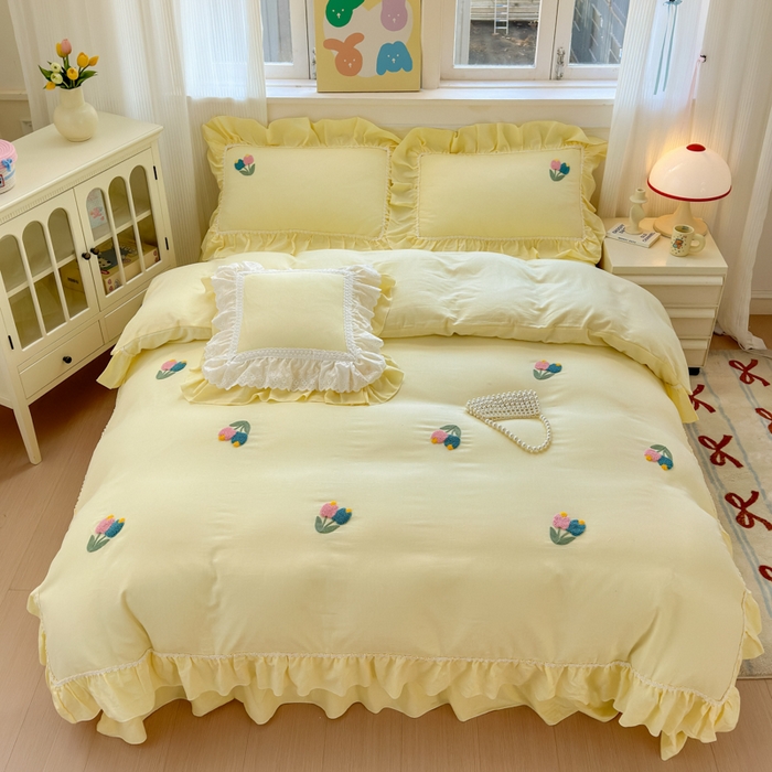 91家纺网 家纺一手货源 找家纺 淑女公社家纺 2025春夏新款全棉人字纹毛巾绣床盖款四件套-郁金香 郁金香 嫩黄