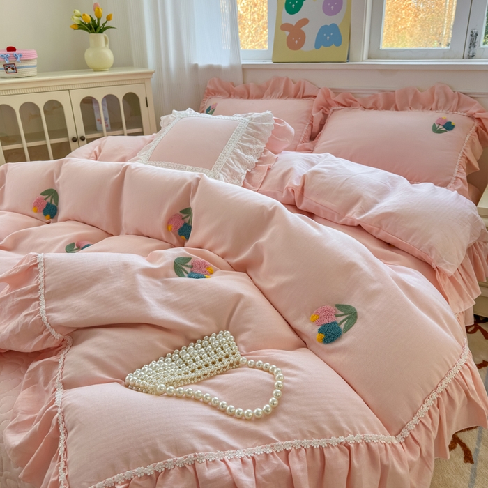 91家纺网 家纺一手货源 找家纺 淑女公社家纺 2025春夏新款全棉人字纹毛巾绣床盖款四件套-郁金香 郁金香 淡粉