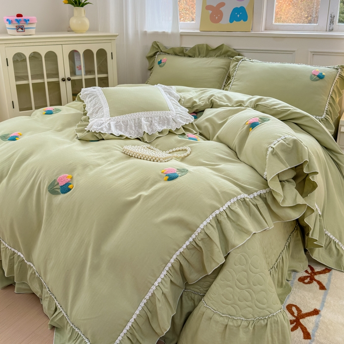 91家纺网 家纺一手货源 找家纺 淑女公社家纺 2025春夏新款全棉人字纹毛巾绣床盖款四件套-郁金香 郁金香 牛油果绿