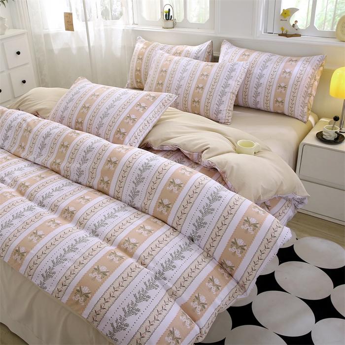 91家纺网 家纺一手货源 找家纺 织写 2025新款A类双层纱针织棉四件套床单四件套床单四件套小清新四件套 初享时光-咖