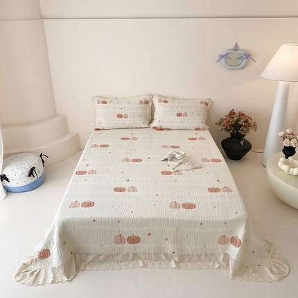 麻依 2025新款韩国清新全棉纱布床盖三件套 彩色南瓜