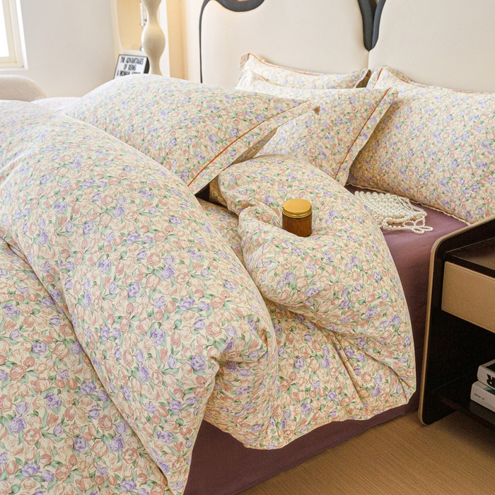 91家纺网 家纺一手货源 找家纺 首爱家纺 2025新款全棉四件套小清新人字纹四件套纯棉四件套 郁金香