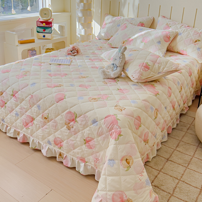 91家纺网 家纺一手货源 找家纺 U品汇 2025新品A类全棉夹棉床盖纯棉100%棉绗缝三件套炕垫褥子13372 G蜜桃松鼠