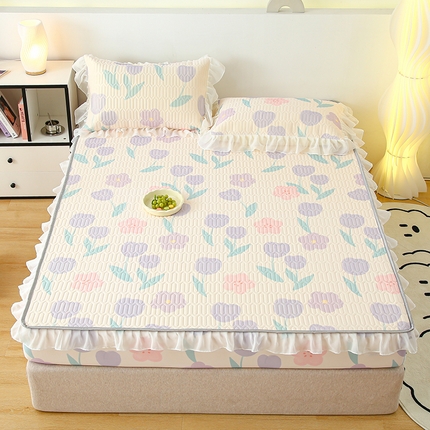 91家纺网 家纺一手货源 找家纺 （总）伊人坊 2025新款A类凉感丝乳胶床笠凉席三件套-花边款