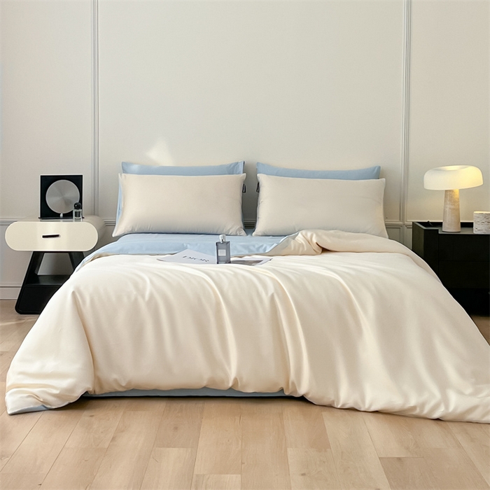 91家纺网 家纺一手货源 找家纺 笙意家纺 2025新款水洗真丝简约时尚四件套-简爱系列 简爱-奶昔白+天空蓝