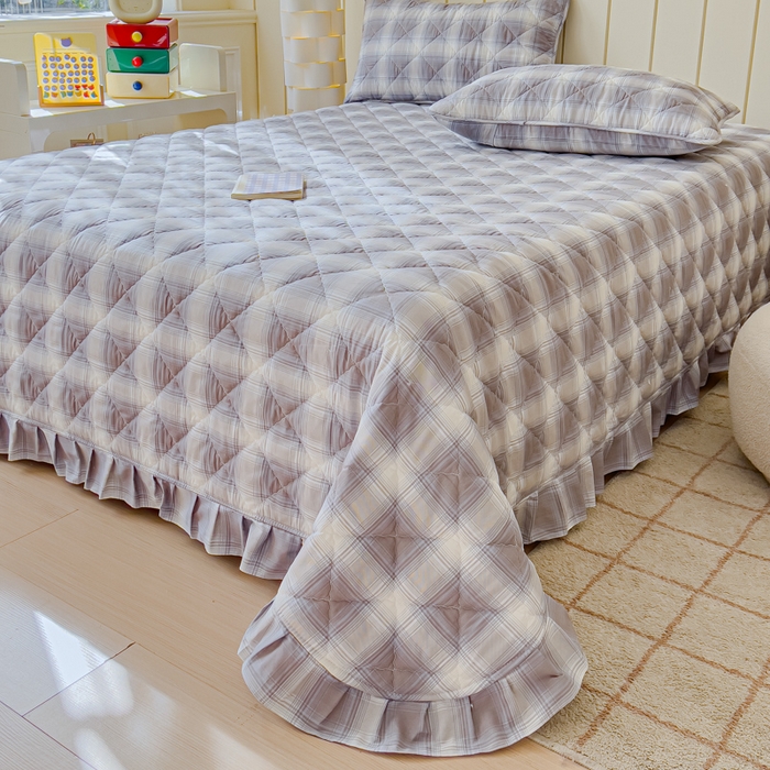 91家纺网 家纺一手货源 找家纺 U品汇 2025新品A类全棉夹棉床盖纯棉100%棉绗缝三件套炕垫褥子13372 G摩卡条纹蓝