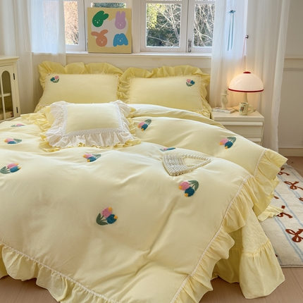 91家纺网 家纺一手货源 找家纺 （总）淑女公社家纺 2025春夏新款全棉人字纹毛巾绣床盖款四件套-郁金香