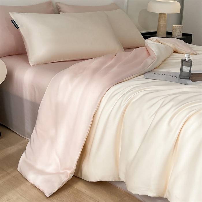 91家纺网 家纺一手货源 找家纺 笙意家纺 2025新款水洗真丝简约时尚四件套-简爱系列 简爱-奶昔白+奶油粉