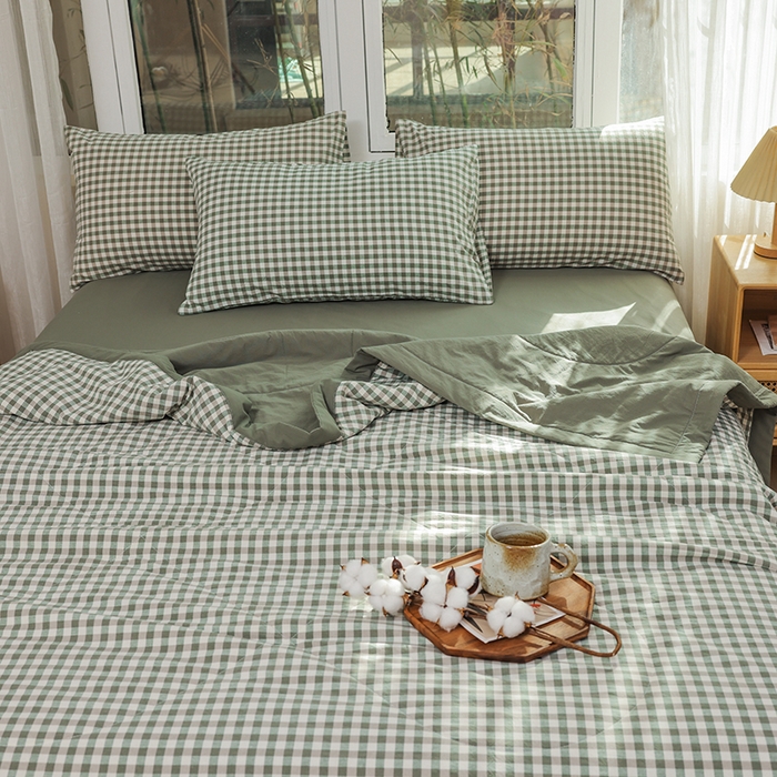 91家纺网 家纺一手货源 找家纺 柠萌家居 2025新款全棉色织水洗棉棉花夏被四件套里外全棉 夏凉被被子被芯 绿小格