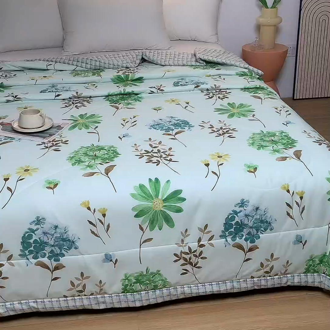 91家纺网 家纺一手货源 找家纺 羽梦家纺 2025新款新疆棉花全棉夏凉被被子被芯 山茶花开绿