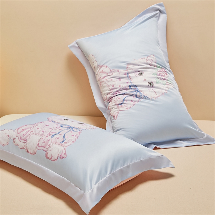 91家纺网 家纺一手货源 找家纺 笙意家纺 2025新款水洗真丝数码印花卡通枕套 可爱猫