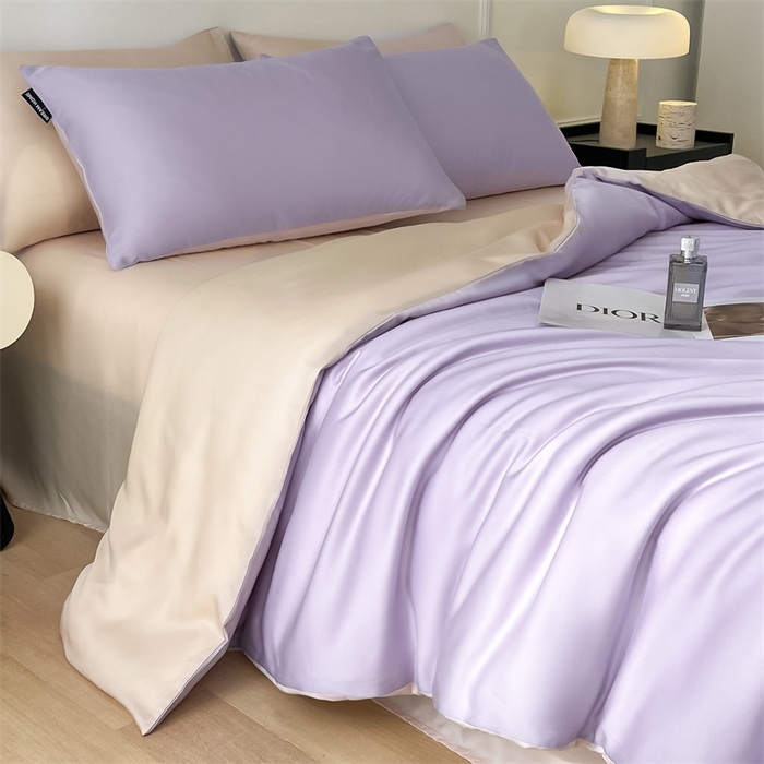 91家纺网 家纺一手货源 找家纺 笙意家纺 2025新款水洗真丝简约时尚四件套-简爱系列 简爱-星黛紫+梧桐杏