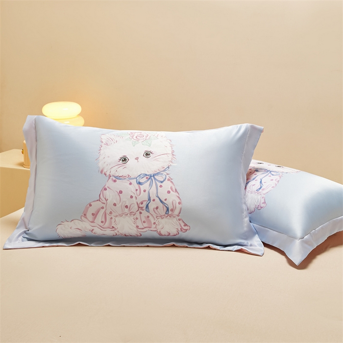 91家纺网 家纺一手货源 找家纺 笙意家纺 2025新款水洗真丝数码印花卡通枕套 可爱猫