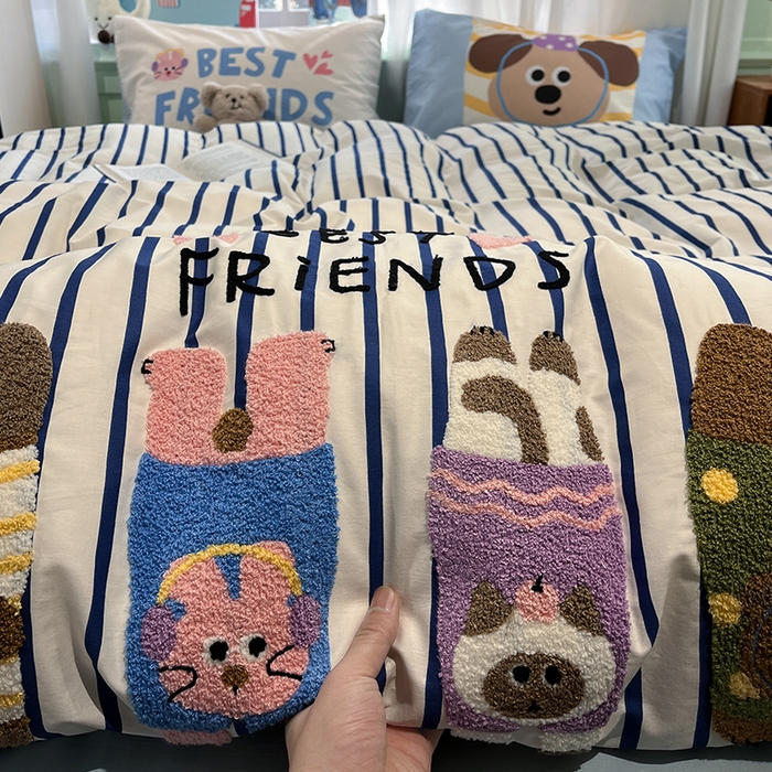 91家纺网 家纺一手货源 找家纺 蓝邻2025年新款全棉纯棉40s毛巾绣四件套 熊喵犬伴