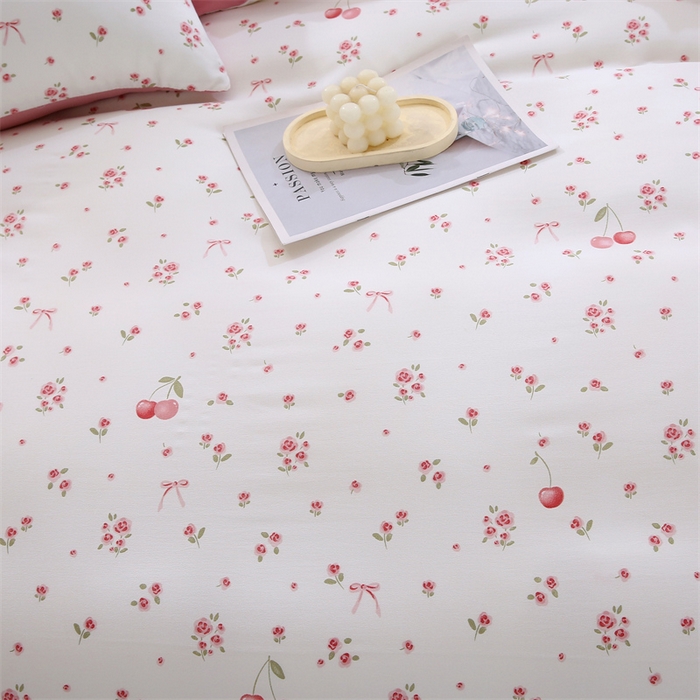 91家纺网 家纺一手货源 找家纺 织写 2025新款A类双层纱针织棉四件套床单四件套床单四件套小清新四件套 红色樱桃