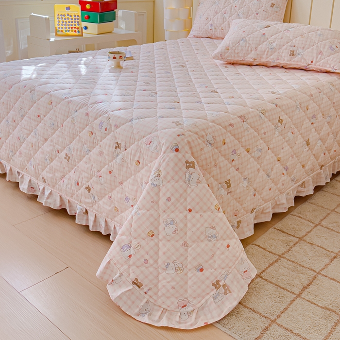 91家纺网 家纺一手货源 找家纺 U品汇 2025新品A类全棉夹棉床盖纯棉100%棉绗缝三件套炕垫褥子13372 G甜美梦境粉