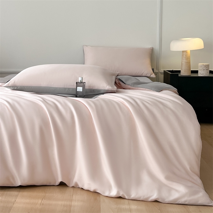 91家纺网 家纺一手货源 找家纺 笙意家纺 2025新款水洗真丝简约时尚四件套-简爱系列 简爱-奶油粉+山灰