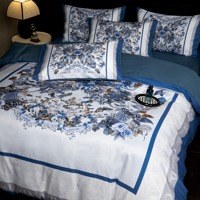 91家纺网 家纺一手货源 找家纺 花沐 2025新款轻奢潮牌亲肤棉纯棉四件套 蓝蝶