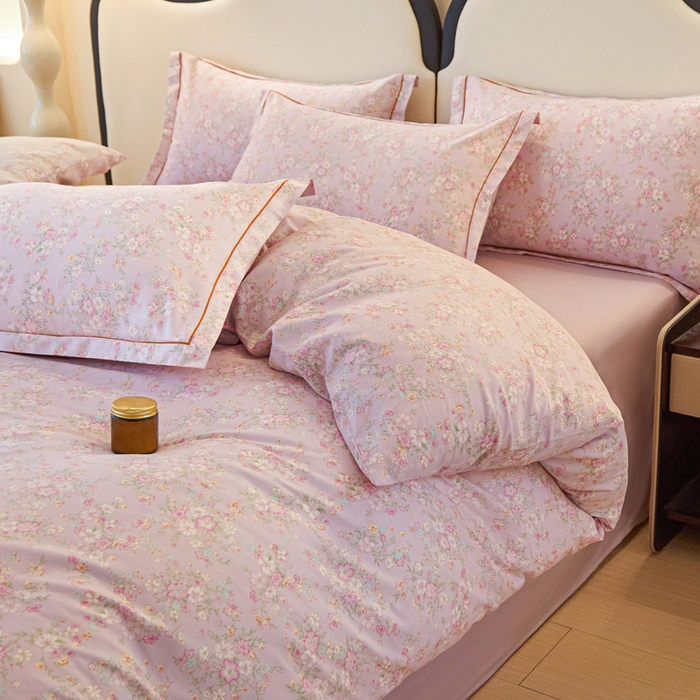 91家纺网 家纺一手货源 找家纺 金泰莱 2025新款全棉小清新人字纹四件套 樱花粉