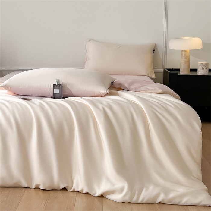 91家纺网 家纺一手货源 找家纺 笙意家纺 2025新款水洗真丝简约时尚四件套-简爱系列 简爱-奶昔白+奶油粉