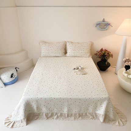 麻依 2025新款韩国清新全棉纱布床盖三件套 奶油彩点