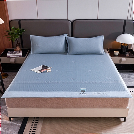 青雅席业 2025年新款7A抗菌母婴级纯乙纶PE刺绣凉感丝豆豆席 蝴蝶结-蓝