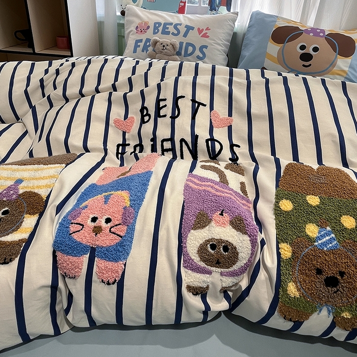 91家纺网 家纺一手货源 找家纺 蓝邻2025年新款全棉纯棉40s毛巾绣四件套 熊喵犬伴