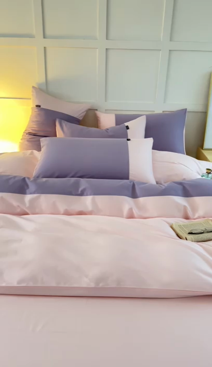 91家纺网 家纺一手货源 找家纺 慕希2025新款13372全棉拼色正拼四件套系列-简尚 简尚-香芋紫