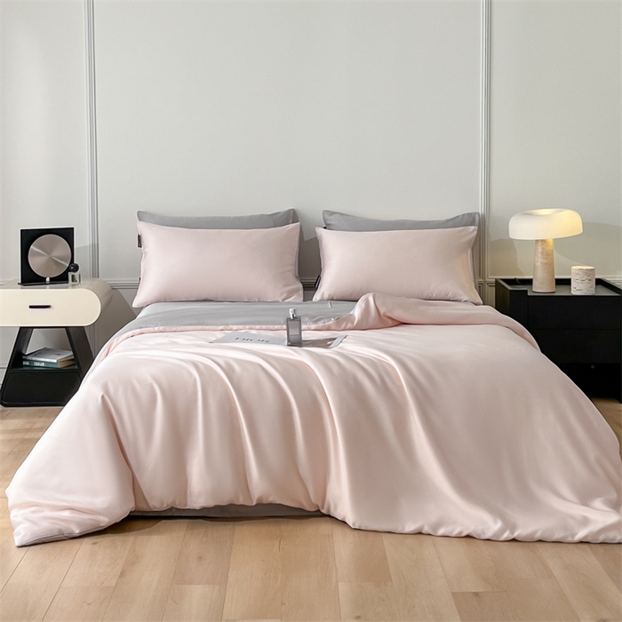 91家纺网 家纺一手货源 找家纺 笙意家纺 2025新款水洗真丝简约时尚四件套-简爱系列 简爱-奶油粉+山灰