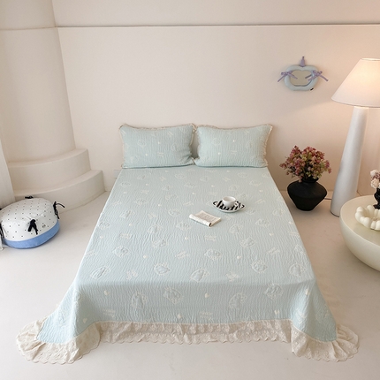 麻依 2025新款韩国清新全棉纱布床盖三件套 水蓝KT