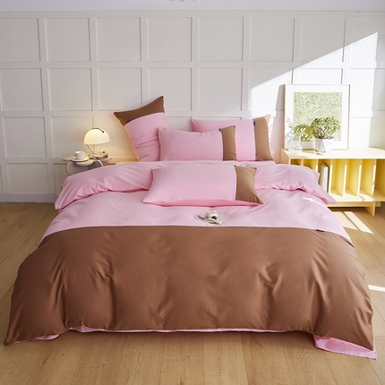 91家纺网 家纺一手货源 找家纺 慕希2025新款13372全棉拼色正拼四件套系列-简尚 简尚-粉咖